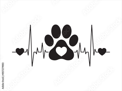 Pet lover heartbeat with paw print and hearts, Pet love heartbeat and paw print illustration vector. Cat and Dog paw love