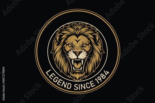 Legendary lion logo with bold gold design and fierce expression