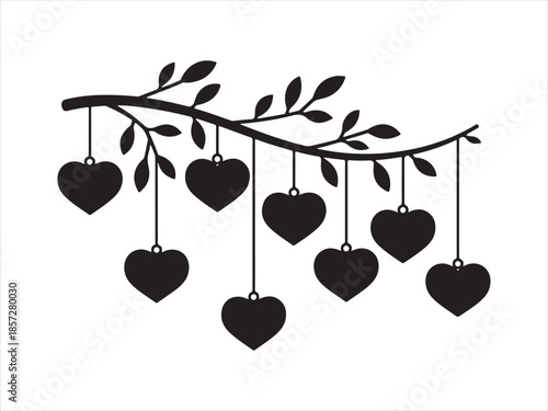 Hanging heart ornaments on branch. Branch With Hearts Silhouette Vector Illustration, Branch With Hanging Hearts, Valentine`s Day Or Wedding Invitation