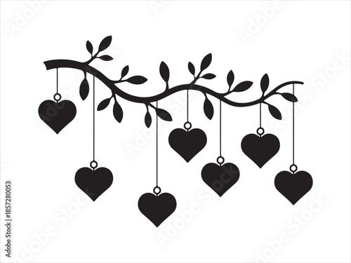 Hanging heart ornaments on branch. Branch With Hearts Silhouette Vector Illustration, Branch With Hanging Hearts, Valentine`s Day Or Wedding Invitation