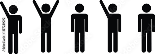 Human standing pose gesture icons set silhouette, people body positions actions symbols, black minimal flat design illustration