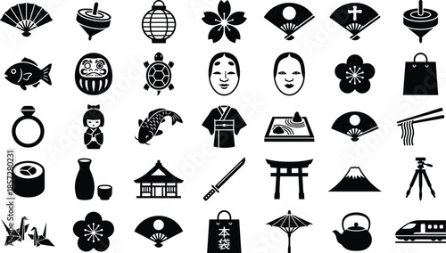 Japanese culture and traditional icons set silhouette, Japan symbols travel food nature objects, black minimal flat design illustration