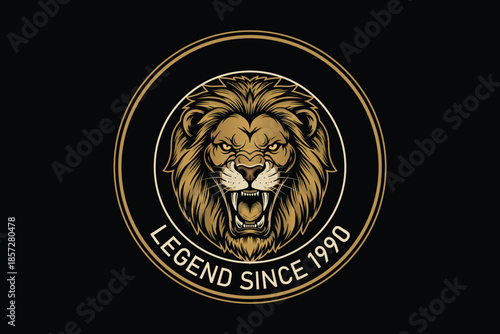 Golden lion head logo on black background with legend text