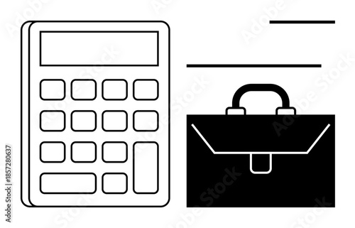 Business planning, accounting services, financial analysis, corporate tools, office essentials, project management. Black and white calculator and briefcase image. Business planning and accounting