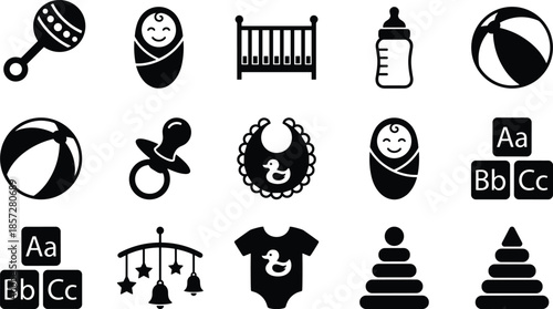Baby care icons set, newborn toys crib bottle pacifier clothing education symbols, parenting childcare vector pictogram collection isolated white