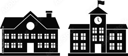 School building silhouettes, academic architecture icons, clock tower campus structures, classic education institutions, black landmark facades isolated on white background