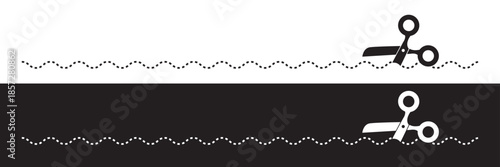 Scissors Cutting Dashed Lines Icons . Black and  white scissors icons with various dashed and wavy cut lines, simple outline representing cutting guides, crafts, coupons, and design elements.
