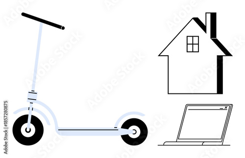 Transportation, technology, work from home, urban lifestyle, modern mobility, home design. Minimalist kick scooter, house outline laptop illustration. Transportation and technology concept