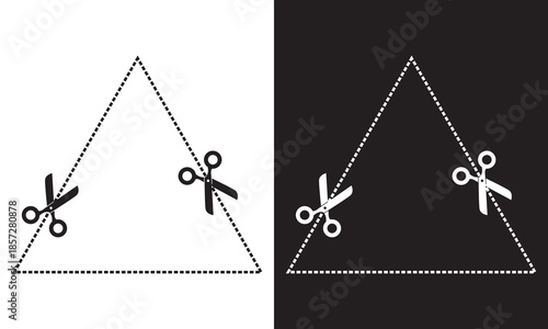 Scissors Cutting Dashed Lines Icons . Black and  white scissors icons with various dashed and wavy cut lines, simple outline representing cutting guides, crafts, coupons, and design elements.
