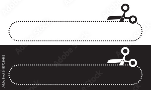 Scissors Cutting Dashed Lines Icons . Black and  white scissors icons with various dashed and wavy cut lines, simple outline representing cutting guides, crafts, coupons, and design elements.
