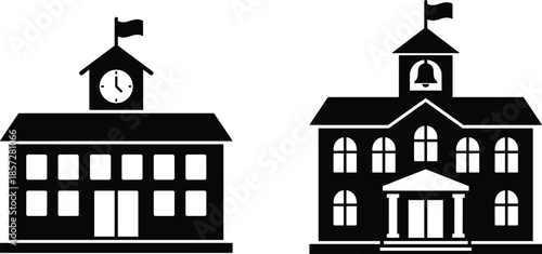 School building silhouettes, academic clock and bell towers, classic education architecture icons, institutional campus landmarks, black structures isolated on white background