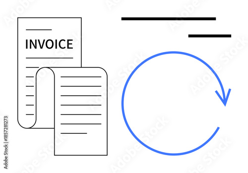 Recurring payments, financial management, business finance, transactions, accounting, bookkeeping. Invoice next to a blue circular arrow. Recurring payments and financial management theme