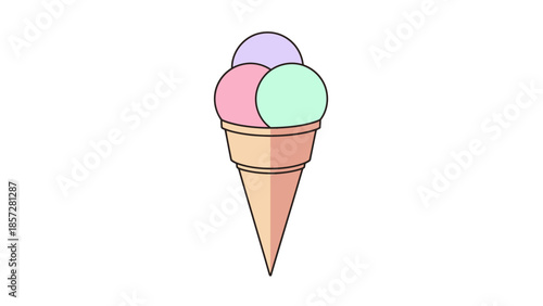 Single Waffle Ice Cream Cone with Three Colorful Scoops Vector Illustration