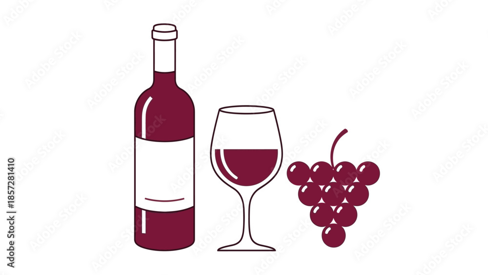Obraz premium Red Wine Bottle with Glass and Grapes Vector Illustration Isolated on White