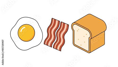 Traditional Morning Meal Illustration with Crispy Bacon Sunny Side Up Egg and Bread