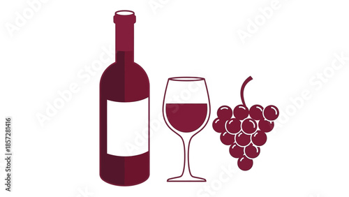 Set of Wine Tasting Elements with Dark Red Wine Bottle and Grapes Bunch