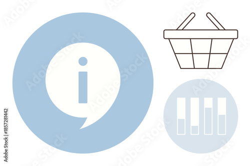 Info icon within a speech bubble, wireframe shopping basket, bar graph with three data columns. Ideal for e-commerce, data analytics, market research, shopping, customer service, business insights