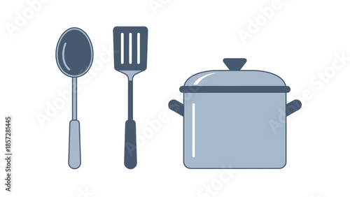 Set of Kitchen Utensils Including Metal Spoon Spatula and Cooking Pot