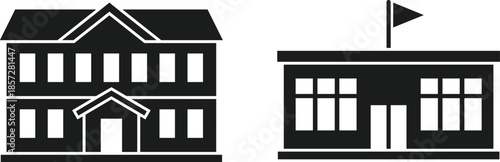 School building icon silhouettes, education architecture symbols, academic campus facilities, modern and traditional institutions, black landmark buildings isolated on white background