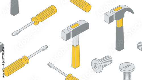 Seamless Pattern of Hand Tools Including Hammers Screwdrivers and Screws