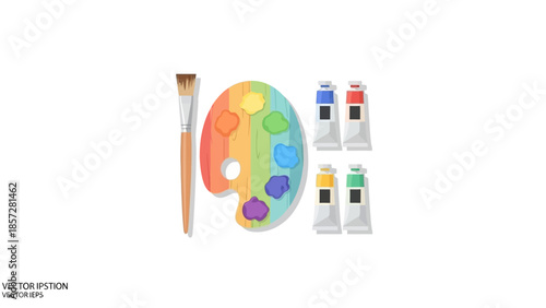 Wooden Artist Palette with Paint Brush and Acrylic Color Tubes Vector