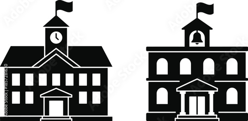School building icon silhouettes, classic education architecture, academic clock tower and bell structures, black institutional landmarks isolated on white background