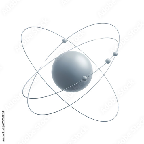 3D illustration of an atom model with nucleus and orbiting electrons, representing science and physics, isolated on transparent background.