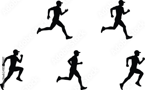 Running man silhouette set, athlete sprint action poses, jogging motion illustration, fitness training sport movement concept