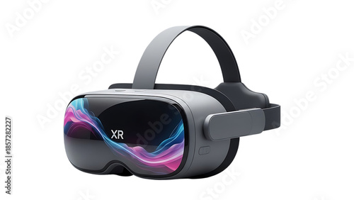 Modern XR virtual reality headset with a colorful abstract wave display on the screen, isolated on transparent background.