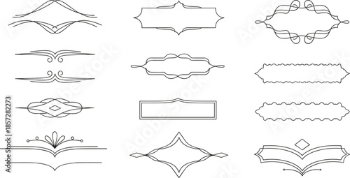 Elegant decorative frame and border set with swirls, curls, and geometric styles for vintage and graphic design.