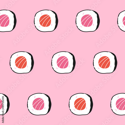 Cute seamless food pattern with sushi rolls on a pink background, traditional dish of Japan, Asia; simple hand-drawn vector illustration, drawing, flat style