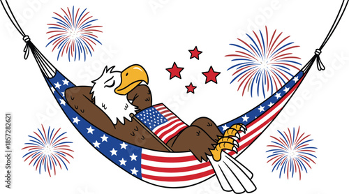Bald Eagle and White- Tailed Deer Relaxing in American Flag Hammock with Fireworks