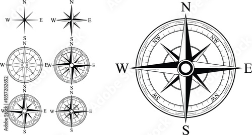 Black and white compasses with directional labels and arrows north