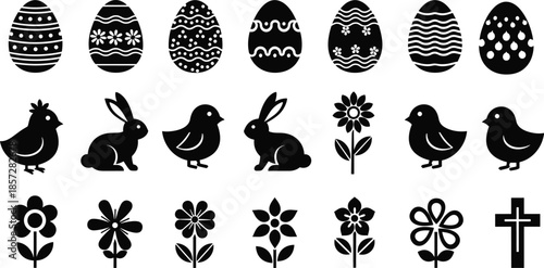 Black and white Easter symbols including eggs birds bunnies flowers and cross decorated eggs