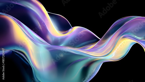 Abstract iridescent liquid flowing and swirling with vibrant colors against a dark background creating a fluid dynamic artistic visual