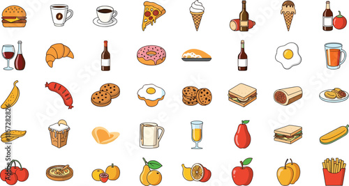 Colorful assortment of food and drink in a grid layout burger