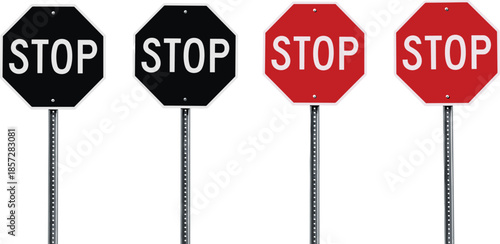 Four stop signs in black and red colors on white background black stop sign red stop sign