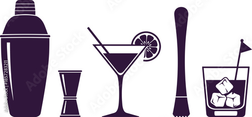 Purple cocktail making tools and drinks set with a cocktail shaker, jigger, martini glass, stirrer, and ice-filled glass