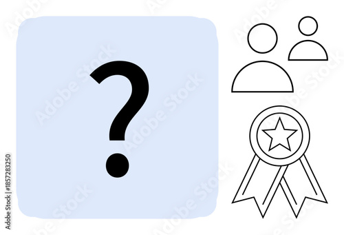 Decision-making, recognition, problem-solving, leadership, team collaboration, achievement. Question mark, two user icons award ribbon. Decision-making and recognition concept