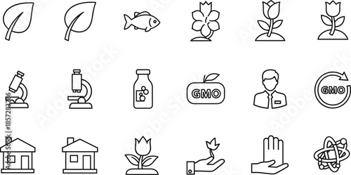 Set of related to agriculture, science, and technology leaves fish