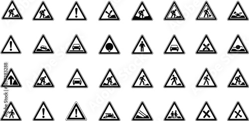Set of black and white triangular road warning signs with various construction and pedestrian symbols