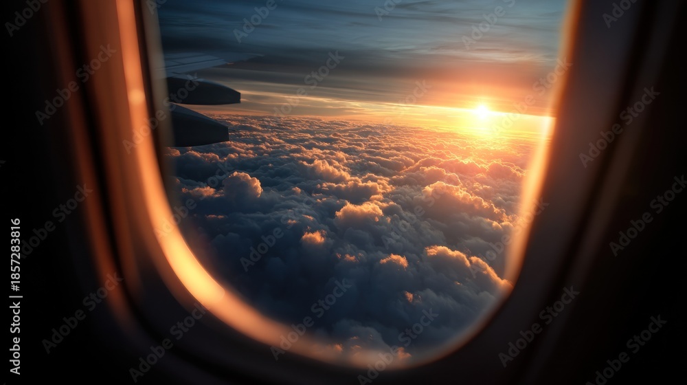 Naklejka premium Sunset airplane window