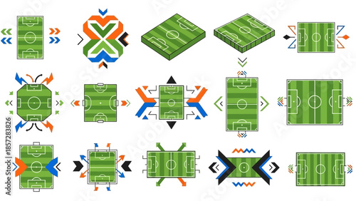 Collection of diverse stylized football field illustrations, showcasing various abstract graphic elements and perspectives for sports design projects.
