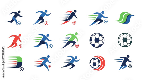 Dynamic Soccer Player and Football Logo Collection with Motion Graphics and Stylized Athletic Action Elements