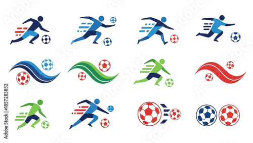 Dynamic collection of vibrant vector illustrations featuring abstract soccer players in motion with footballs and speed lines, capturing fast-paced sports energy and competitive action.