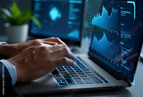 Close-up of hands typing on a laptop with financial graphs and charts on the screen in a dark room with a plant.