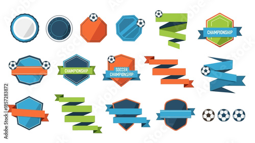 Vector flat design graphics: soccer championship badges, tournament emblems, and decorative ribbons for sports events.