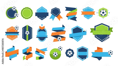 A diverse set of vibrant graphic soccer sports badges, championship emblems, and colorful team ribbons designed for various athletic events and branding needs.