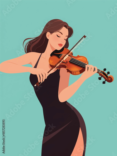 Illustration Of A Woman In Simple Clothes Playing The Violin, With A Deep Expression Vector Design Template