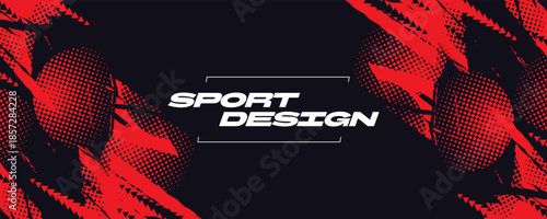 Energetic Sport Background with Black and Red Grunge Brush Strokes, Halftone Patterns, and Arrow Shapes. Sports Banner or Poster Design Elements